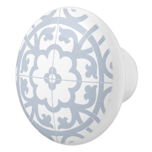 Classic Flower Line Art Floral Pastel Blue & White Ceramic Knob