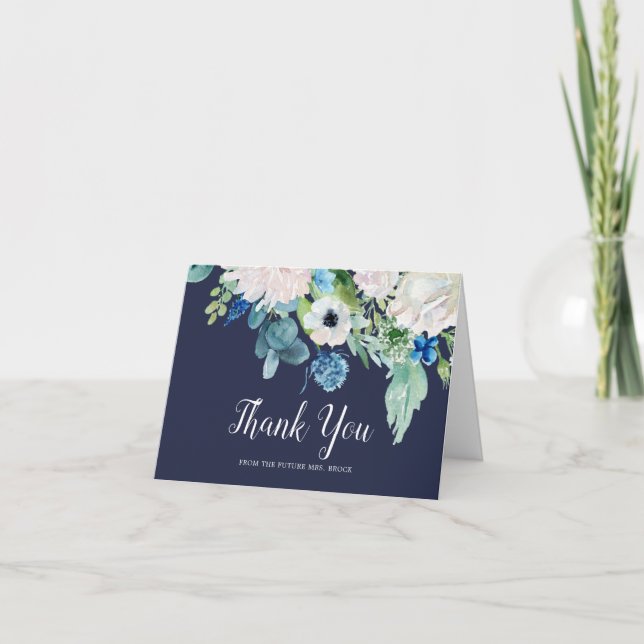 Classic Flowers | Navy Future Mrs Thank You Card (Front)