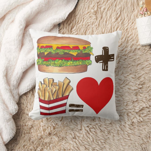 Classic Food Pairing Burger + Fries = Love Heart Throw Pillow (Blanket)