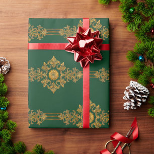 Classic Forest Green Gold Medallion Striped Wrapping Paper