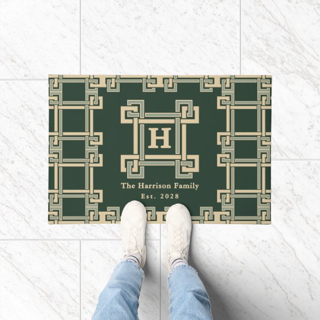 Classic Forest Green Greek Key Monogrammed Doormat (Indoor)