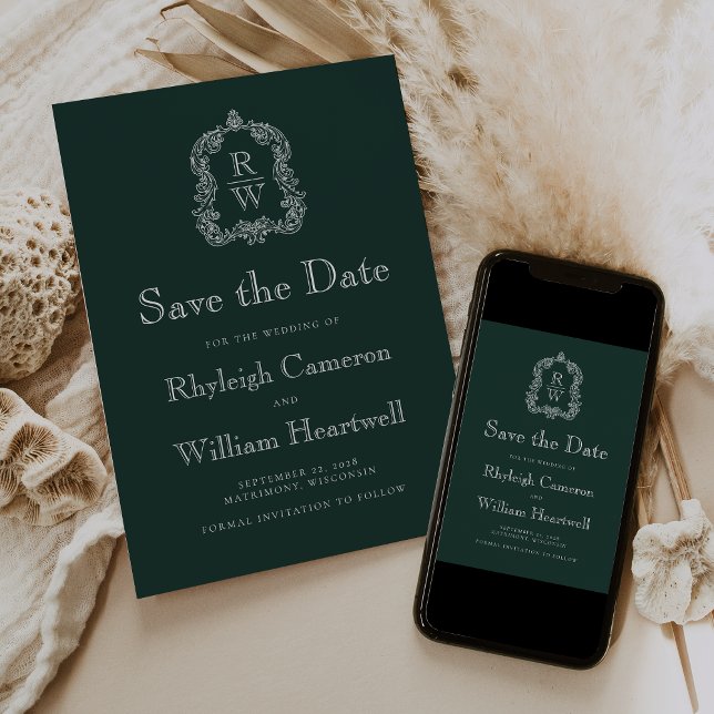 Classic Forest Green Monogram Crest Script Save The Date (Creator Uploaded)