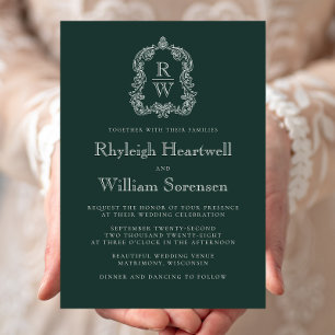 Classic Forest Green Monogram Crest Wedding Invitation