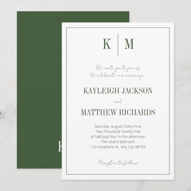 Classic Forest Green Monogram Elegant Wedding  Invitation (Front/Back)