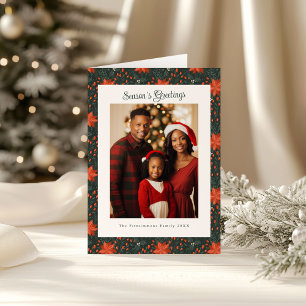 Classic Forest Green Poinsettia Photo Christmas Card
