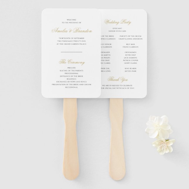 Classic Formal Black & Gold Script Wedding Program Hand Fan (Front and Back)