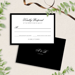 Classic Formal Black & White Border Script Wedding RSVP Card