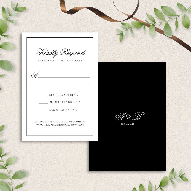 Classic Formal Black & White Monogram Wedding RSVP Card (Creator Uploaded)
