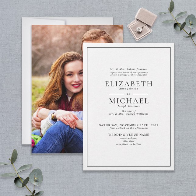 Classic Formal Black & White Simple Photo Wedding Invitation (Creator Uploaded)