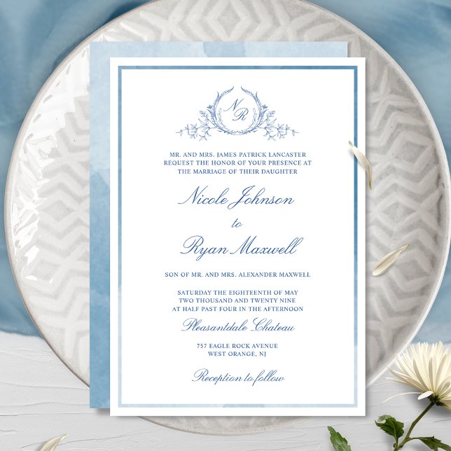 Classic Formal Blue Monogram Wedding Invitation (Creator Uploaded)