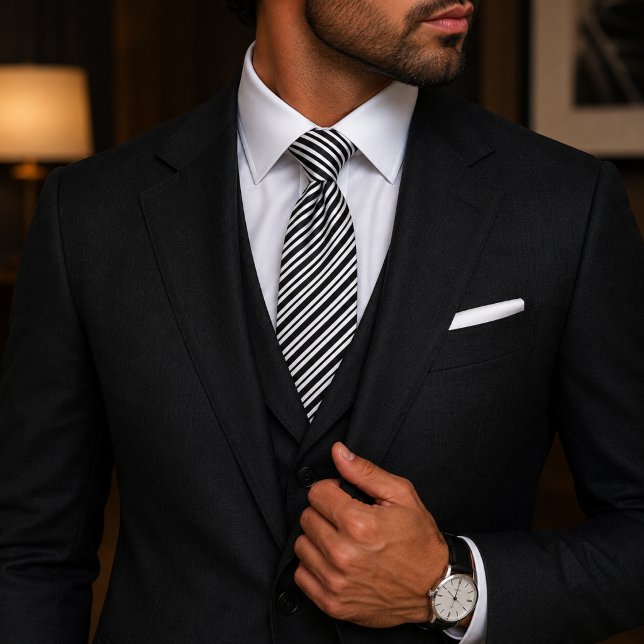 Classic Formal Elegant Black Diagonal Striped  Tie (Creator Uploaded)