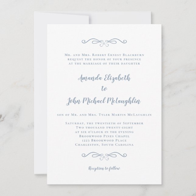 Classic Formal Elegant Dusty Blue Script Wedding Invitation (Front)