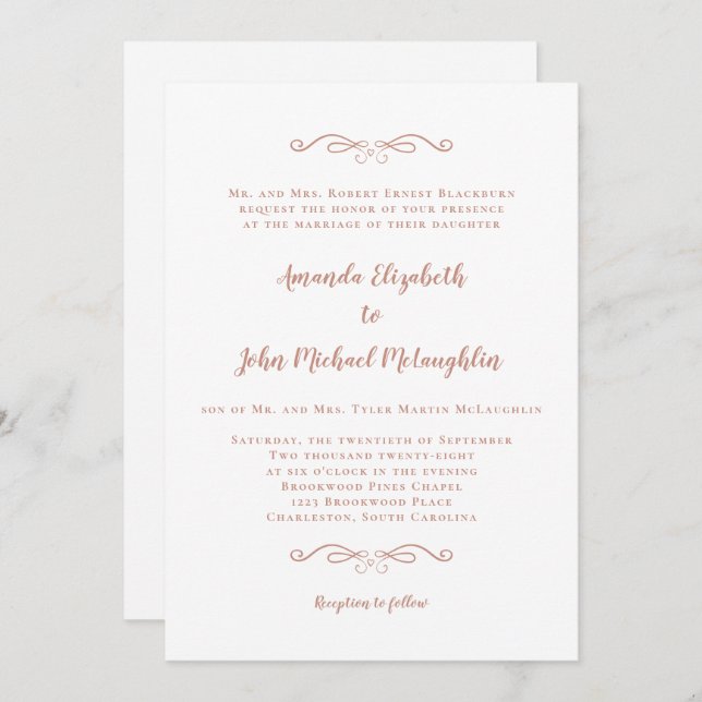 Classic Formal Elegant Rose Gold Pink Wedding Invitation (Front/Back)