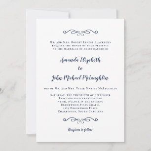 Classic Formal Elegant White Navy Blue Wedding Invitation