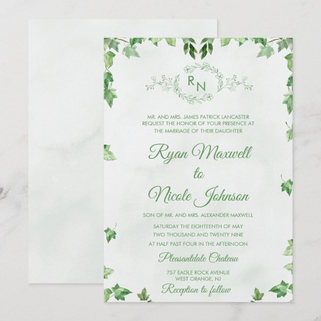 Classic Formal Floral Green Monogram wedding Invitation (Front/Back)