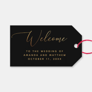 Classic Formal Gold & Black Script Wedding Welcome Gift Tags