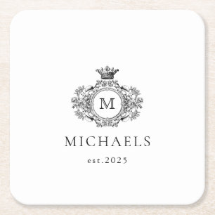 Classic Formal Monogram Crest Black and White Square Paper Coaster