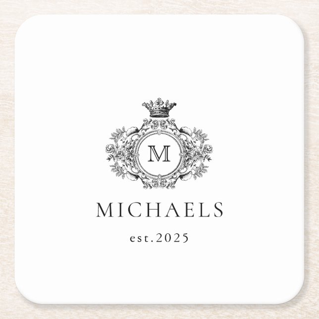 Classic Formal Monogram Crest Black and White  Square Paper Coaster (Front)