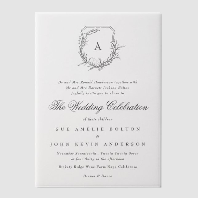 classic formal traditional monogram wedding vellum invitations (Front)