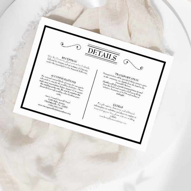Classic Formal White Black Wedding Details Enclosure Card (Creator Uploaded)