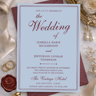 Classic French Blue & Burgundy Old Money Wedding Invitation