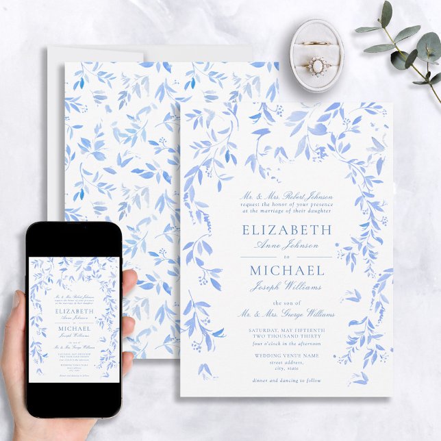 Classic French Blue Floral Botanical Wedding Invitation (Creator Uploaded)