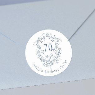 Classic French Blue Floral Crest 70th Birthday  Round Sticker