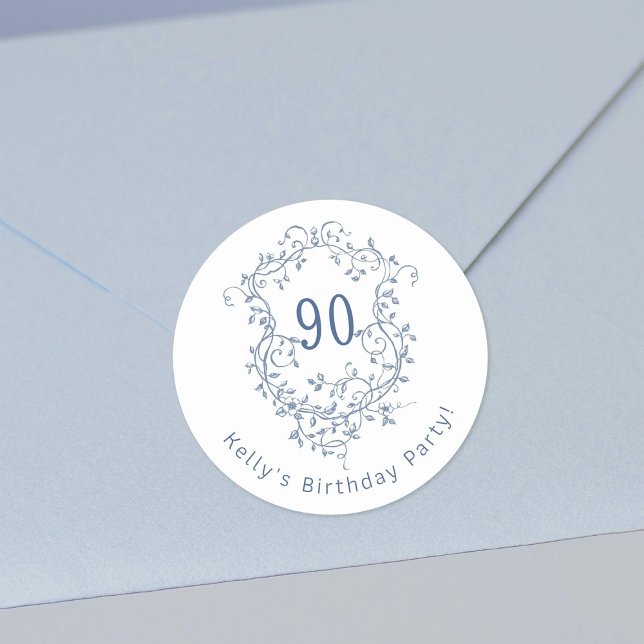 Classic French Blue Floral Crest 90th Birthday  Classic Round Sticker (Creator Uploaded)
