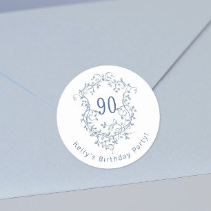 Classic French Blue Floral Crest 90th Birthday  Round Sticker