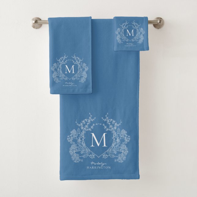 Classic French Blue Floral Crest Initial Monogram Bath Towel Set (Insitu)