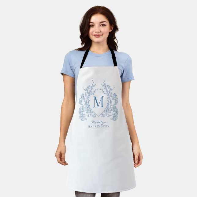 Classic French Blue Floral Crest Monogram Apron (Worn)