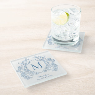 Classic French Blue Floral Crest Monogram Glass Coaster