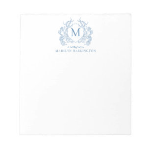 Classic French Blue Floral Crest Monogram Notepad