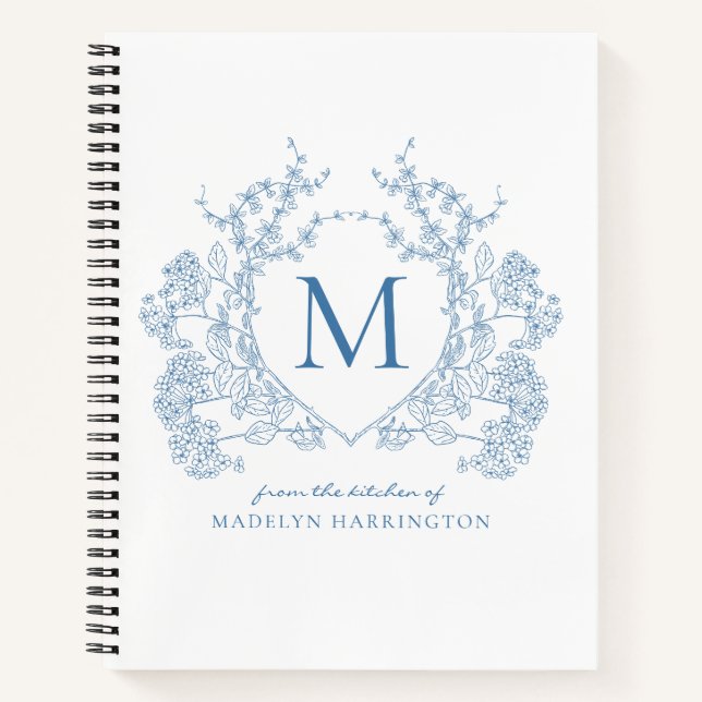 Classic French Blue Floral Crest Monogram Recipe Notebook (Front)