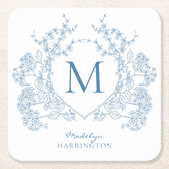 Classic French Blue Floral Crest Monogram Square Paper Coaster (Front)