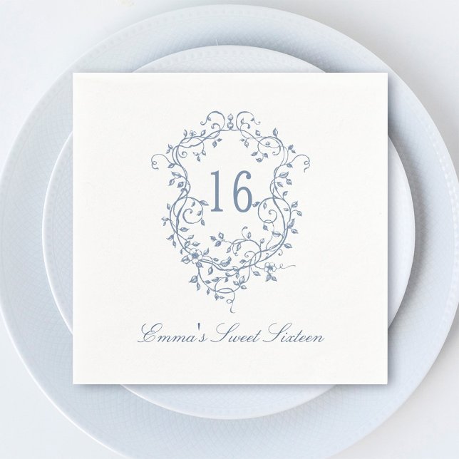 Classic French Blue Floral Crest Sweet 16 Birthday Napkin (Creator Uploaded)