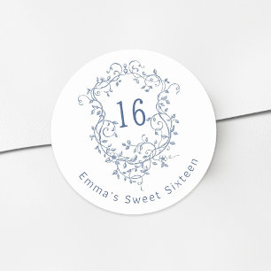 Classic French Blue Floral Crest Sweet 16 Birthday Round Sticker