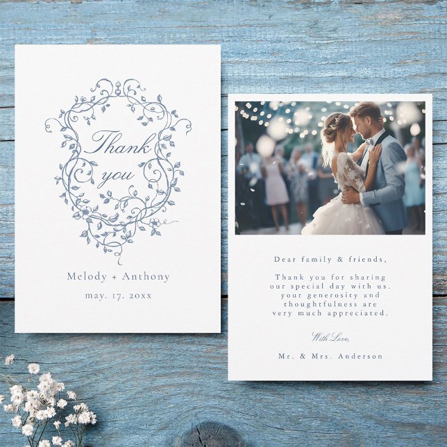 Classic French Blue Floral Crest Wedding Photo Thank You Card (Front & Back)