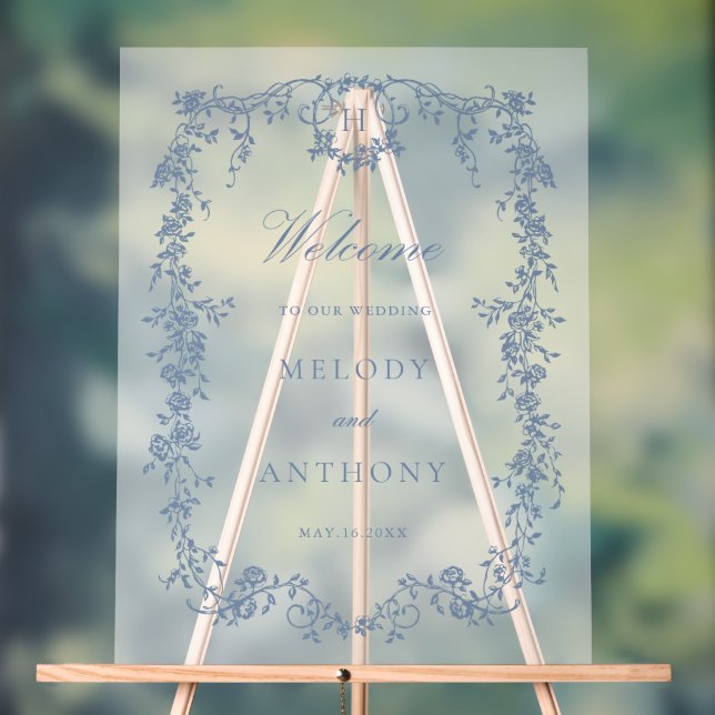 Classic French Blue Floral Wedding Welcome  Acrylic Sign (Neutral)