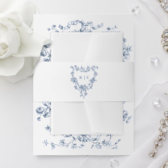 Classic French Blue Flowers Monogram Crest Invitation Belly Band (Creator Uploaded)