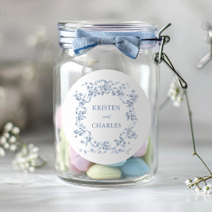 Classic French Blue Flowers & Ribbons Wedding Round Sticker