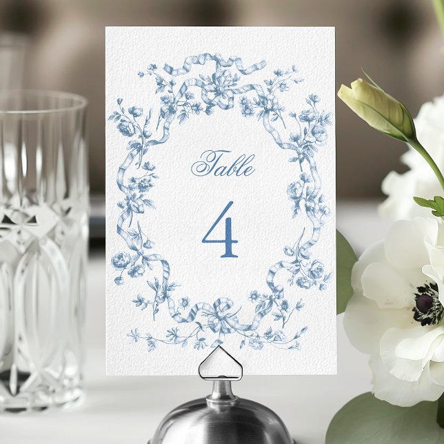 Classic French Blue Flowers & Ribbons Wedding Table Number (Creator Uploaded)