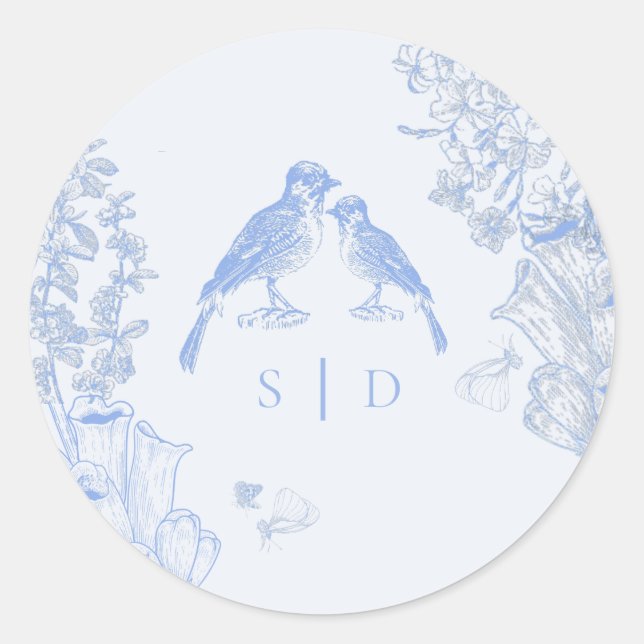 Classic French Blue White Floral Birds Wedding  Classic Round Sticker (Front)