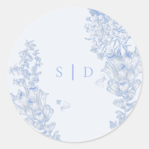 Classic French Blue White Floral Wedding Enclosure Round Sticker