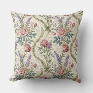 Classic French Rose & Lavender Floral Pattern Art Throw Pillow