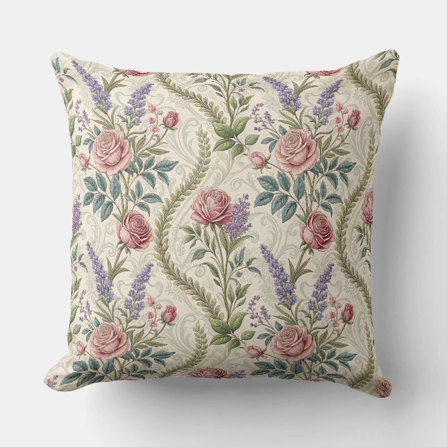 Classic French Rose & Lavender Floral Pattern Art Throw Pillow (Front)