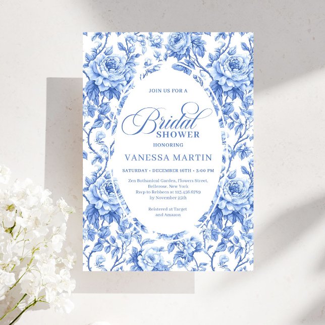 Classic French Toile de Jouy Navy Bridal Shower  Invitation (Classic French Toile de Jouy Navy Bridal Shower Invite)