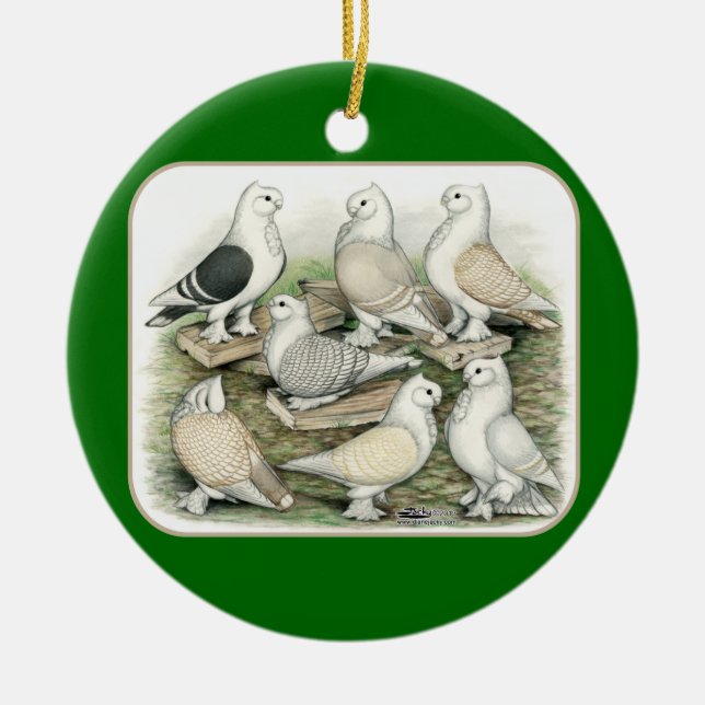 Classic Frill Pigeons Satinettes Ceramic Ornament (Front)