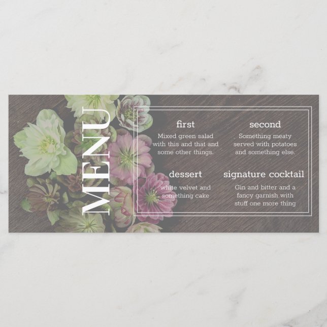 CLASSIC Garden Hellebore Wood and White Menu Card (Front)
