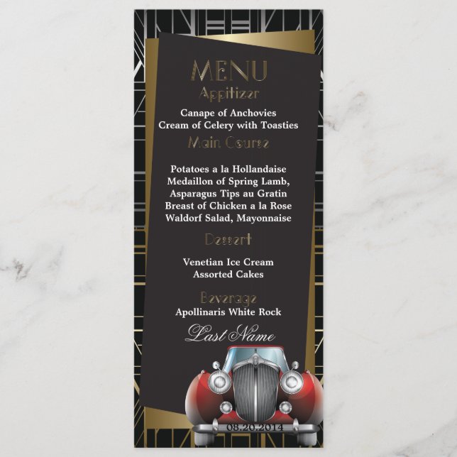 Classic Gatsby Deco Red Limo Wedding Menu (Front)